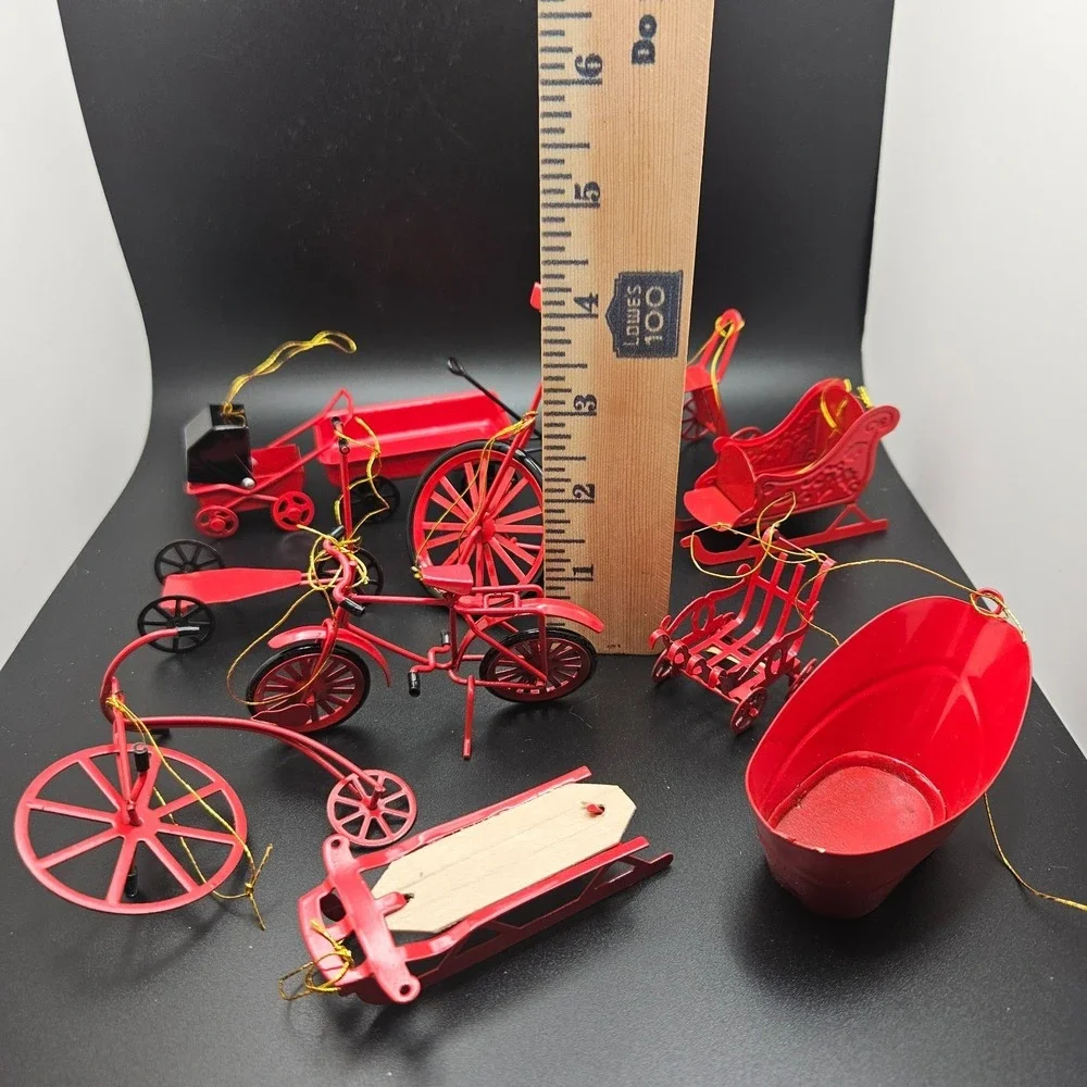 Vintage Red Metal Miniature Vehicles & Sled Christmas Ornaments Lot of 11 Taiwan
